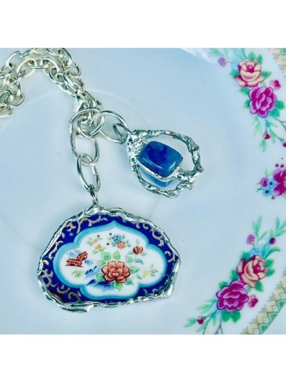 Japanese Fine Bone China Bracelet | Asian Village & Lotus Flower Sodalite Charm - Picture 8 of 16